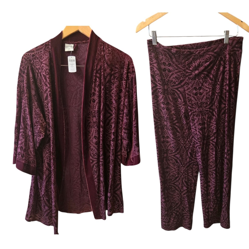 SOMA Burnout Velvet Paisley Set Pajama Pants & Wrap Kimono Merlot‎ Small/ Medium